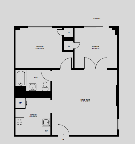 Floor plan for 2 beds, 1 bath, 614 sqft